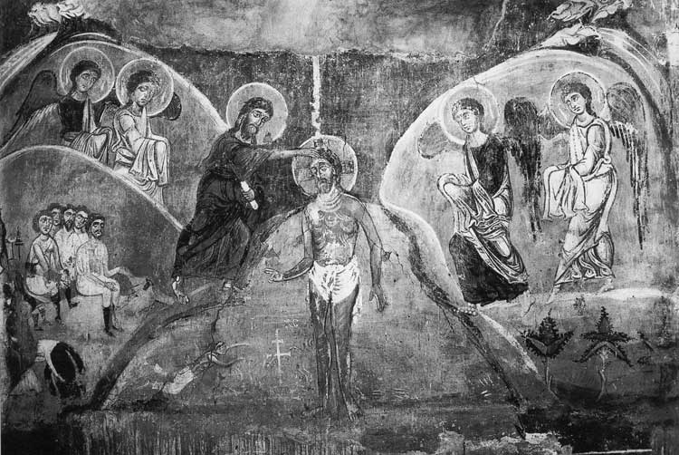 Taufe. Freske XII Jh Kirche Spasa na Neredize. Nowgorod.  Kloster,  Ear durch deutsche Artillerie wärend 1941  zu Hälfte  zerstört. Fotos und Fragmente  sind geblieben. Darunter Feofan Grek. Wiedergeboren. Jahr für Jahr bis  2007.