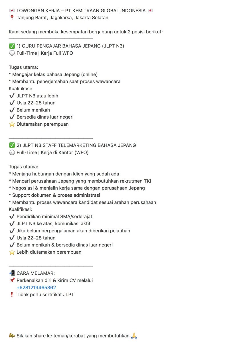 pzohh's tweet photo. @worksfess halo perusahaan ku ada lowongan nih untuk posisi guru &amp; telemarketing bahasa jepang yang tertarik &amp; sesuai kualifikasi langsung hubungi no yang tertera ya. 👍 https://t.co/xGS7KIDQYn