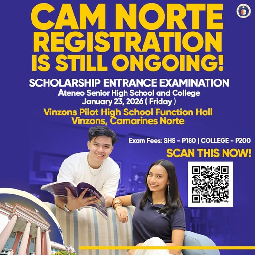 Scholarship Entrance Exam Registration is still ongoing for incoming SHS and College for Camarines Norte students!

REGISTER NOW:
bit.ly/AteneoEE