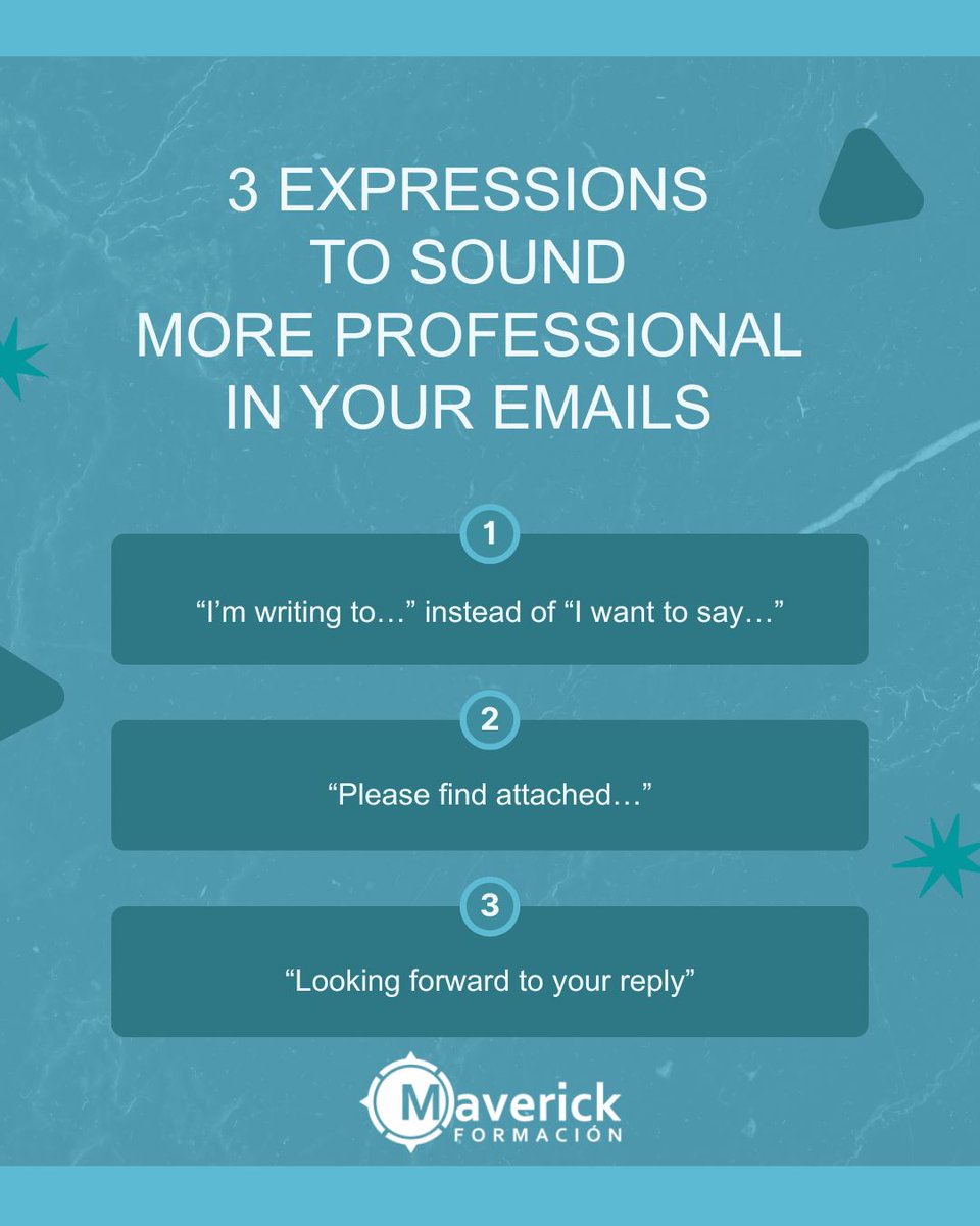MaverickEnglish's tweet photo. ✉️ 3 expressions to sound more professional in emails

Small changes can make a big difference in how professional your emails sound.
Try using these expressions instead:

✔️ I’m writing to…
✔️ Please find attached…
✔️ Looking forward to your reply https://t.co/3W4MTX8nsC