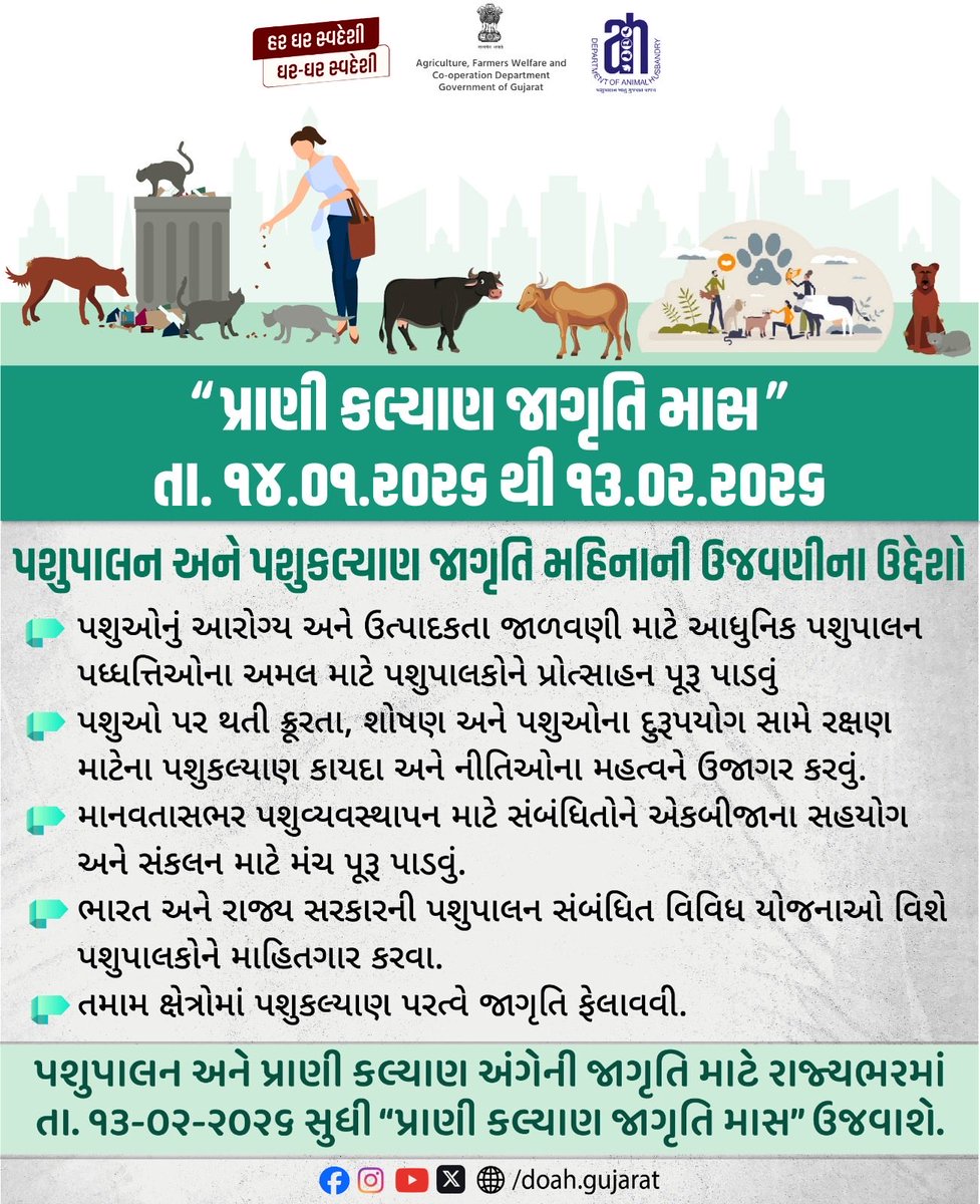 DoahGujarat's tweet photo. પ્રાણી કલ્યાણ જાગૃતિ માસ ( તા. ૧૪.૦૧.૨૦૬ થી ૧૩.૦૨.૨૦૬) અંતર્ગત પશુપાલન અને  પશુકલ્યાણ ક્ષેત્રમાં જાગૃતિ ફેલાવવાના હેતુથી રાજ્યવ્યાપી કાર્યક્રમોનું આયોજન કરવામાં આવી રહ્યું છે.#animalwelfare
 #animalhusbandry
 #awarenessmonth
 #humaneanimalcare
 #livestockwelfare 
#responsiblecare https://t.co/WnnvXNrBRf
