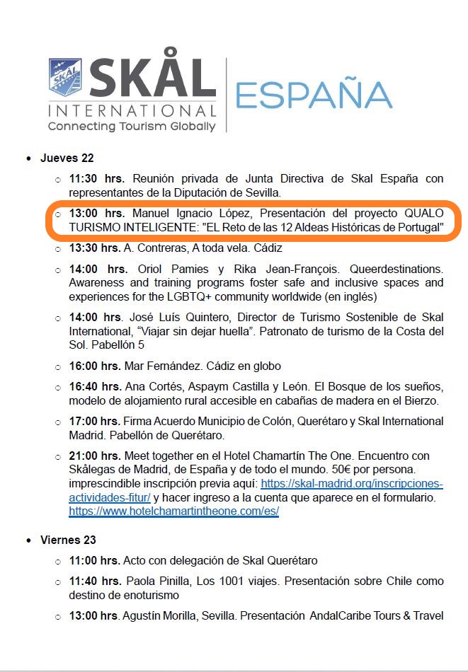 ¡Nos vemos en #FITUR2026! 🌍

Descubre el Turismo Inteligente de QUALO en el stand de Skål (10A14, Pabellón 10).

🗣️ Ponencias Manuel I. López: 📅 MIÉ 21 | 12:20h: Segovia y Cáceres. 📅 JUE 22 | 13:00h: Aldeas Históricas Portugal.
🔗 qualo.info #FITUR #SmartTourism