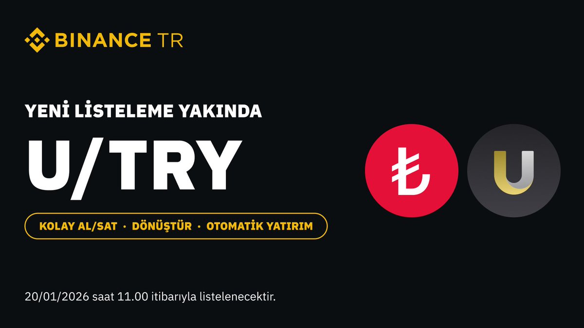 BinanceTR's tweet image. #Binance TR, 20/01/2026 Salı günü saat 11.00’de U (United Stables) kripto varlığını TRY işlem çiftinde listeleyecektir.

Detaylar için tıklayın 👇
binance.tr/tr/blog/geli%C…