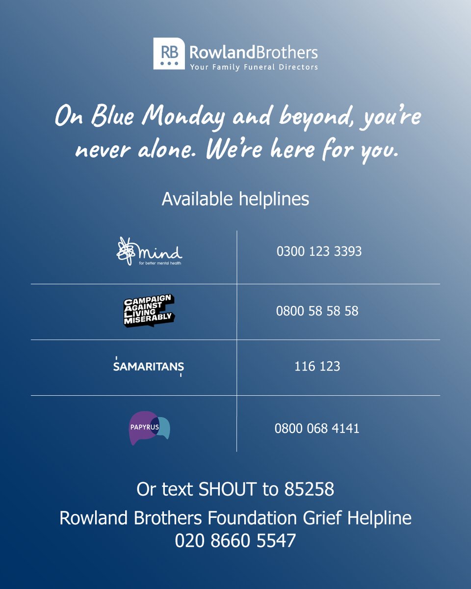 This Blue Monday, remember to check in with yourself and those around you.

A small act of kindness or a simple conversation can make a big difference.
We’re here if you need support.

#BlueMonday  #RowlandBrothers