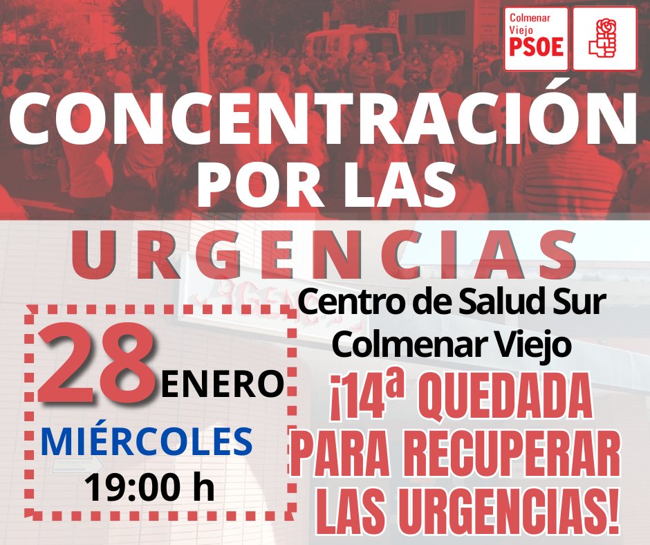 El Sr. Alcalde se ha reunido varias veces con la consejera de salud, pero las urgencias siguen igual.

Os esperamos este miércoles 28 de enero a las 19:00 horas en el Centro de Salud Sur

#UrgenciasYaParaColmenar