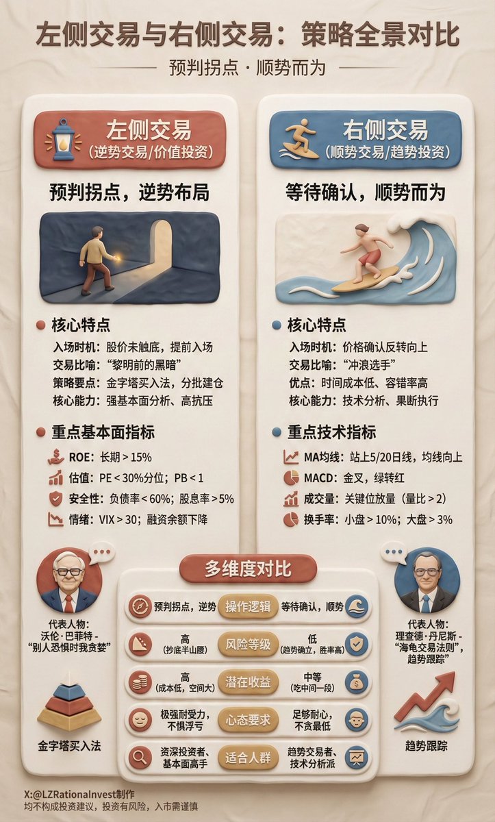 左侧交易VS 右侧交易：两张图，1min带你看懂！ 一、 左侧交易：预判拐点，逆势布局核心逻辑：  在股价下跌过程中，根据估值和基本面判断底部，提前分批买入。 1. 核心特点•