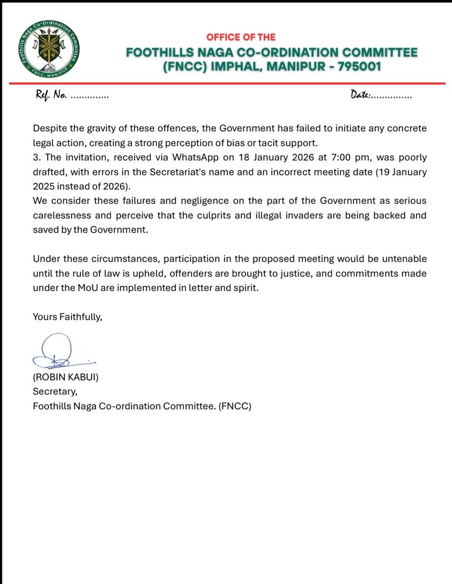 LIANGMAIPOST's tweet photo. FNCC has declined the invitation of Manipur Home Commisioner for a meeting dated 19/01/26.

#liangmaipost #FNCC #Manipur #NewsUpdate #TrendingPost https://t.co/Liid2OWHkq