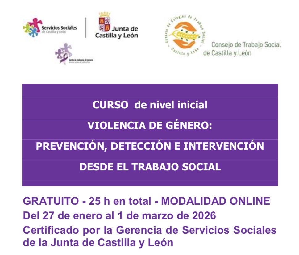 TrabSocialCyL's tweet photo. 🚨Un año más se convoca formación de nivel básico en Violencia de Genero
💰de carácter gratuito
👉destinada prioritariamente a
trabajadores y trabajadoras sociales colegiadas en alguno de los Colegios de
Trabajo Social de Castilla y León.

https://t.co/rzxCIxSQUV https://t.co/etkfAjFWuB