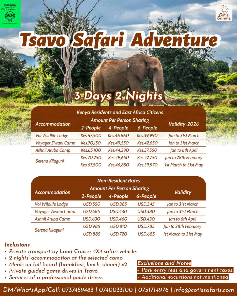 Tsavo's wild beauty: vast red-dust plains, iconic red elephants coated in crimson earth, prowling big cats under flat-topped acacias, plus luxurious stays. Unforgettable memories with Cotis Safaris! 🤗🐘 🦁 

☎️+254740033100
📧 info@cotissafaris.com