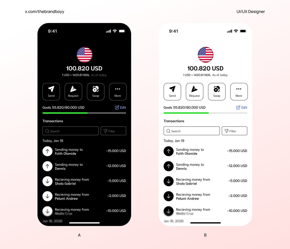 thebrandboyy's tweet photo. Clean wallet UI for smarter money moves 💳⚡️
Light & dark mode ready.
Which do you prefer?
Let me know in the comment session and probably why😁
#UIUX #FintechDesign #MobileAppDesign #AppDesign #ProductDesign #Behance #CryptoUI #UXDesign #UIDesign #USStartups #UKStartups https://t.co/JguTfBEs9G
