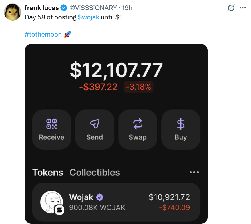 🚀钻石手的奖励!一小哥获大佬空投接近10000u

起因是这位小哥 <a href="/ViSSSiONARY/">frank lucas</a> 在11月21日买了150k的 $wojak ,成本估计是1300u左右

然后他发了一个帖子，"发wojak的第一天直到价格到1u",后面不管刮风下雨，他都每天发一下持仓截图跟价值

大家都知道$wojak