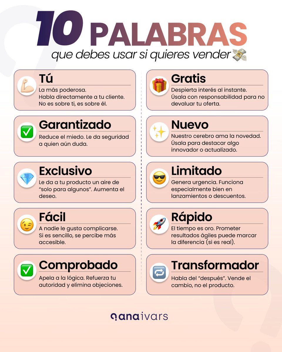 Las palabras no solo comunican. Venden.
Estas 10 activan interés, reducen objeciones y aceleran decisiones.

Si vendes, deberías usarlas con intención👇