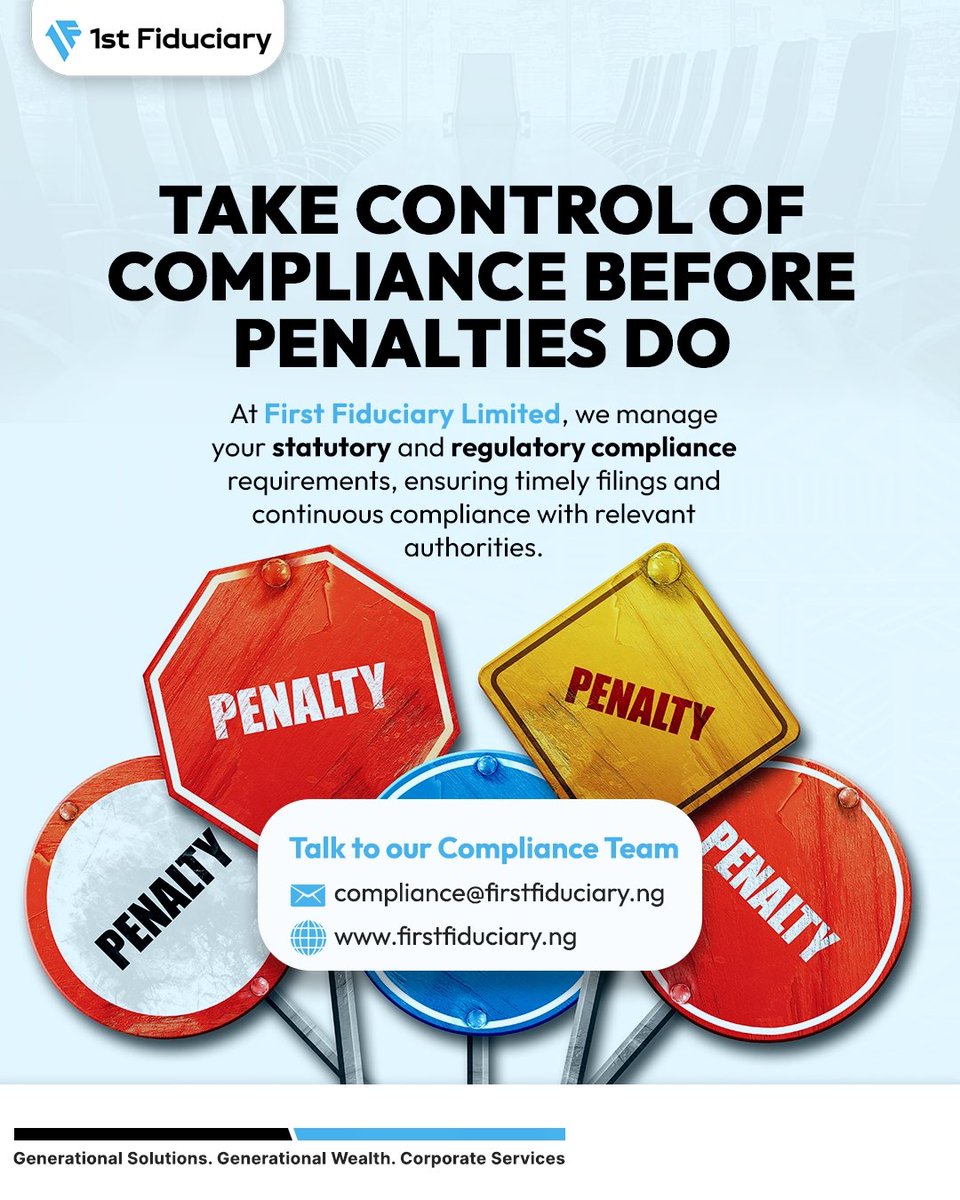 Firstfiduciary's tweet photo. Take control of compliance before penalties do.

We manage your statutory and regulatory requirements accurately and on time.

📩 Talk to our compliance team today via: compliance@firstfiduciary.ng

#StayCompliant #CorporateGovernance #CorporateServices  #Firstfiduciary https://t.co/RhM2ii1AuM