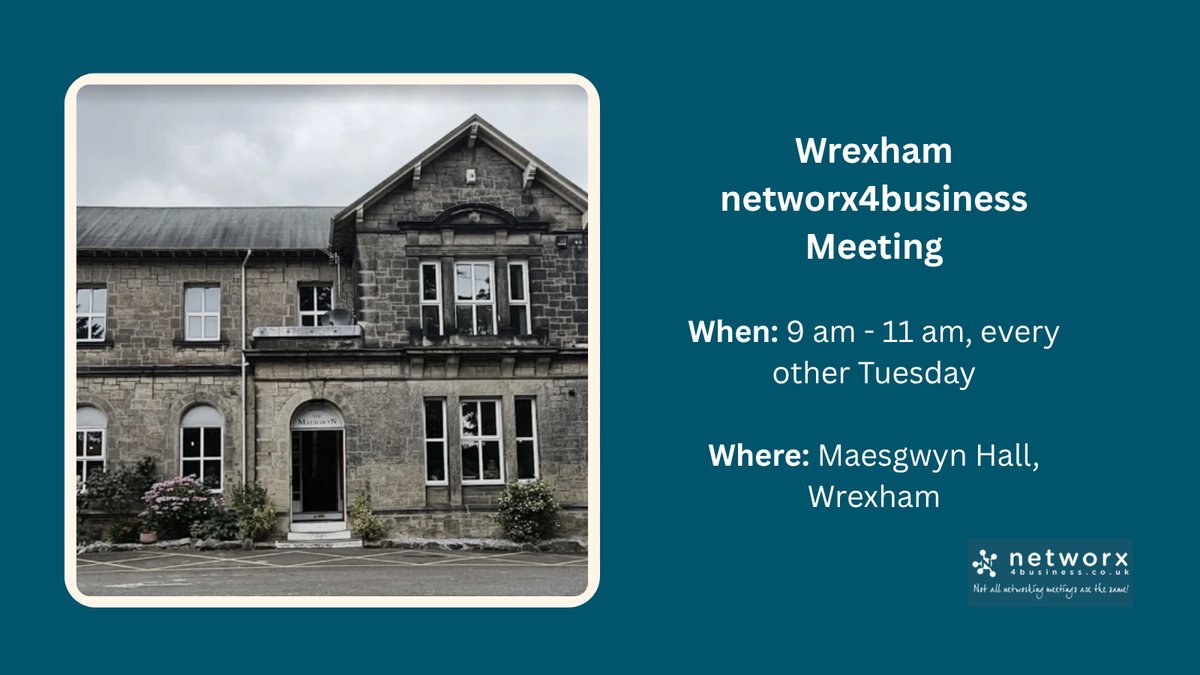 Join us in Wrexham this Tuesday!    

Maesgwyn Hall, 9–11am  

Relaxed, friendly networking with supportive local business owners. No pressure, just great conversations &amp; genuine connections   

Your first visit is FREE  

lnkd.in/eE7X4iTH