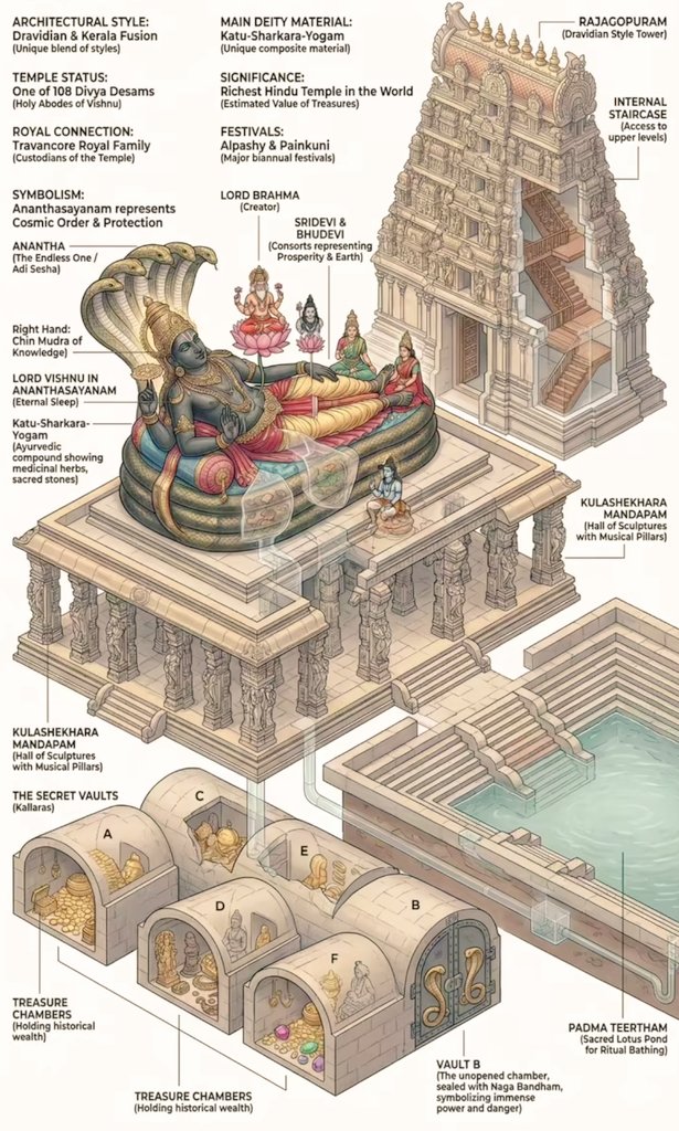ktchandra2's tweet photo. Padmabh Swami Temple God created an amazing  architecture.

🔅Architecture style:
Dravidian & Kerala Fusion (Unique blend of styles)
🔅Temple status:
One of 108 Divya Desams (Holy Abodes of Vishnu)
🔅Royal connection:
Travancore Royal Family (Custodians of the Temple)
🔅Symbolism:
Ananthasayanam represents Cosmic Order & Protection
🔅Ananta: (The Endless One/Adi Sesha)
Right Hand: Chin Mudra of Knowledge)
🔅Katu-Sharkaга-
Yogam (Ayurvedic compound showing medicinal herbs, sacred stones)
🔅 MANDAPAM (Hall of Sculptures with Musical Pillars)
(The unopened chamber, sealed with Naga Bandham, symbolizing immense power and danger)