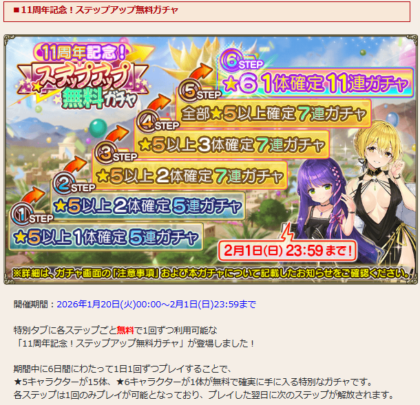 deadTfang's tweet photo. 今週のメンテ情報7
・周年記念キャンペーン2
ステップアップ無料ガチャ
期間は1/20/0:00～2/1/23:59まで
ステップ5までは☆5以上確定。ステップ6で☆6が1体確定
ステップ途中でも2/2/0:00になったら引けなくなるので忘れずに。

#花騎士11周年 　＃花騎士　＃フラワーナイトガール https://t.co/sRVtVK0LcS
