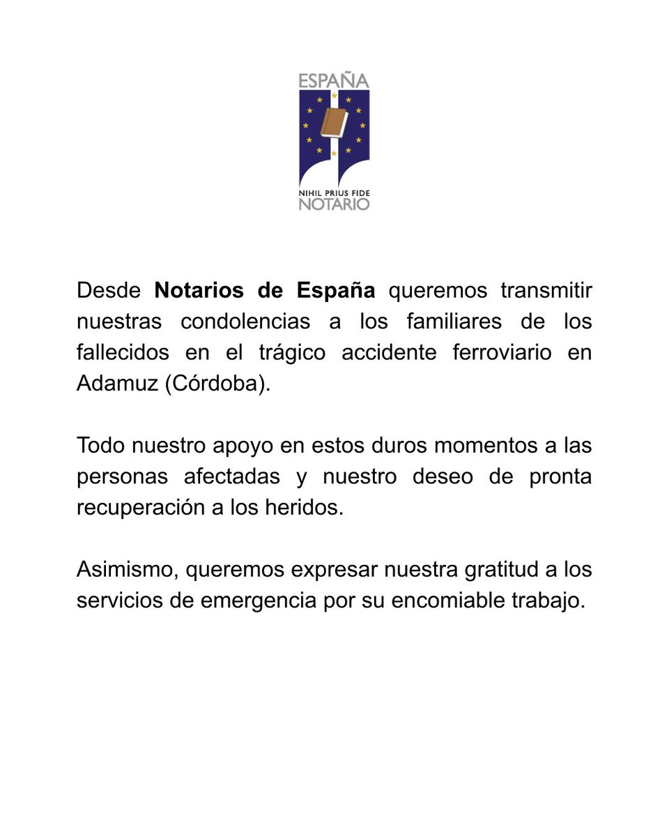 ⚫️ Desde <a href="/Notarios_ES/">Notarios de España</a> queremos transmitir nuestras condolencias a los familiares de los fallecidos en el trágico accidente ferroviario en Adamuz (Córdoba)

Todo nuestro apoyo en estos duros momentos a las personas afectadas y nuestro deseo de pronta recuperación a los heridos