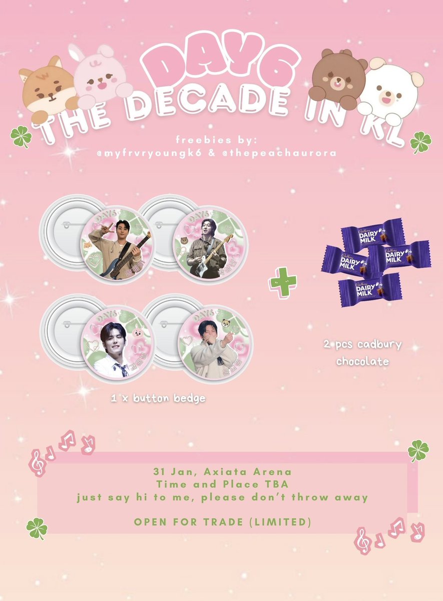 Hi MyDay!🍀

𝑭𝒓𝒆𝒆𝒃𝒊𝒆𝒔 — 𝑫𝑨𝒀𝟔 𝟏𝟎𝒕𝒉 𝑨𝒏𝒏𝒊𝒗𝒆𝒓𝒔𝒂𝒓𝒚 𝑻𝒐𝒖𝒓 𝒃𝒚 <a href="/myfrvryoungk6/">faaa ⋆˙⟡</a> &amp; <a href="/thepeachaurora/">ajilaa ♡</a> 

🍓can request member if available
🍓details update under this tweet on dday
🍓 feel free to claim, but dont throw🙏🏻

see you soon!👋🏻
#TheDECADEinKL #DAY6inKL