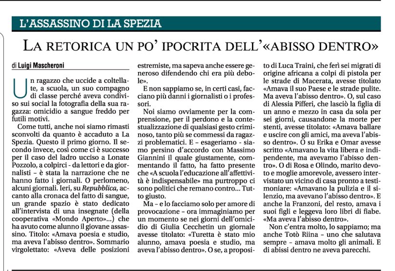 L’accoltellamento a La Spezia, l’intervista alla professoressa dell’accoltellatore, i danni che fanno certi insegnanti, quelli peggiori di certi giornalisti, e io che mi sento “l’abisso dentro”