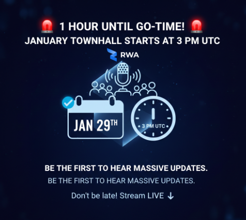 RWA_Inc_'s tweet photo. 🚨 1 HOUR UNTIL GO-TIME! 🚨

Our January Town Hall starts at 3 PM UTC. Be the first to hear massive updates and exclusive news regarding our new era.

Don't be late—the future of RWA Inc. is being discussed LIVE. 🎤👇

Where?: https://t.co/pN23pA3hDJ https://t.co/VaH8HpAvIq