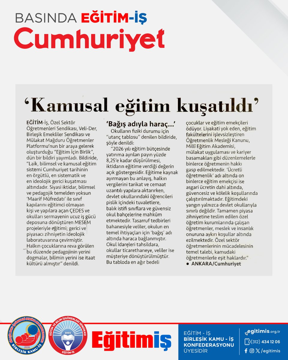 Eğitim-İş, Özel Sektör Öğretmenleri Sendikası, Birleşik Emekliler Sendikası ve Mülakat Mağduru Öğretmenler Platformu olarak “Eğitim İçin Birlik” adına yaptığımız ortak basın açıklaması Cumhuriyet’te yer aldı.

“Laik, bilimsel ve kamusal eğitim sistemi Cumhuriyet tarihinin en