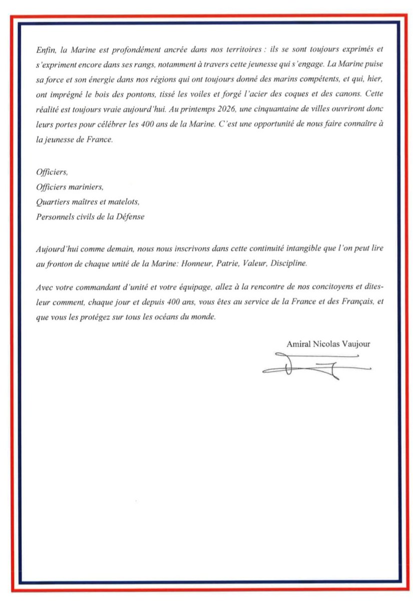 J'ai donné le coup d'envoi des célébrations des 400 ans de la Marine dans une adresse aux marins.
