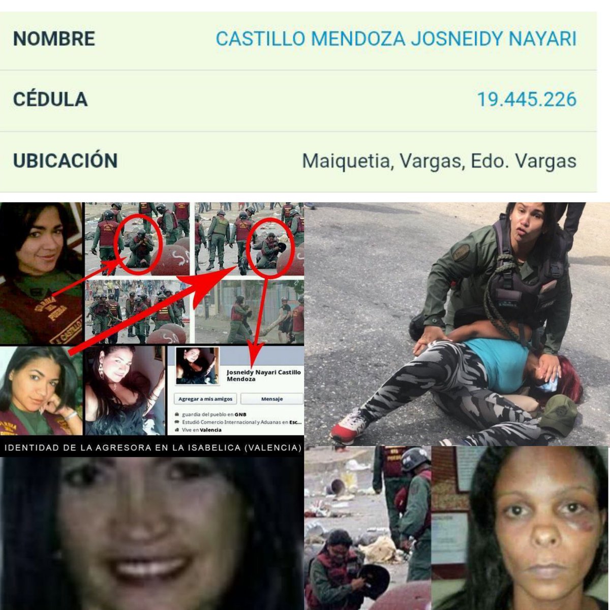 vivassantanaj_'s tweet image. En 2014 una prostituta política, hoy convertida en una de las barraganas de Nicolás Maduro Guerra, la entonces "teniente" -imágenes superiores y abajo e izquierda - Josneidy Nayari Castillo Mendoza, sometió salvajemente a golpes a Marvinia Jiménez - abajo y a la derecha-, para…