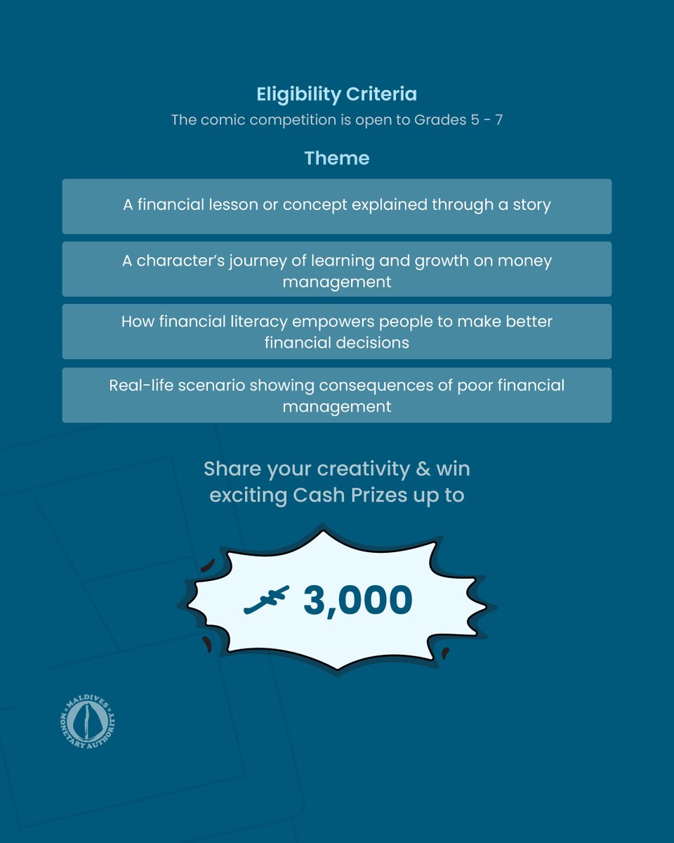 MMA_Maldives's tweet photo. Got ideas, creativity, and a message to share?

Turn your thoughts into a comic for the Global Money Week Comic Competition!
📘Guidebook: https://t.co/z3TQddmVw1

🗓Submit by 22nd March 2026, by 15:00
🎒Open to students in Grades 5 - 7 across Maldives

🏆Win cash prizes worth up to MVR 3,000/-