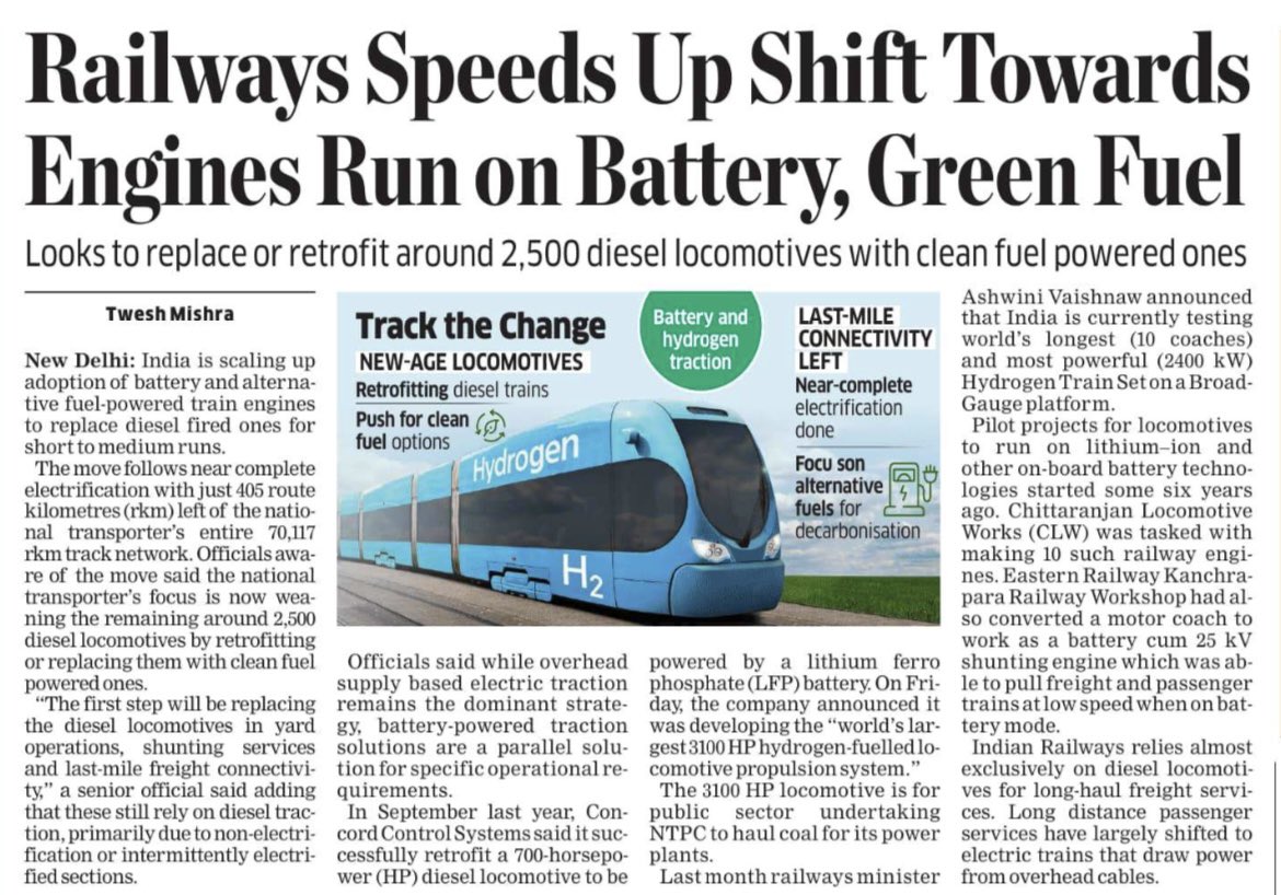 Railways Speeds Up Shift Towards Engines Run on Battery, Green Fuel. #Railways #battery #greenfuel #energy #india