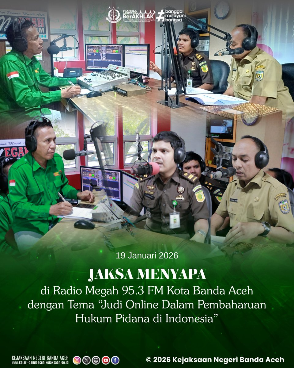 kjr_bna's tweet image. Senin, 19 Januari 2026

Kejaksaan Negeri Banda Aceh berkolaborasi dengan Dinas Komunikasi, Informatika, Statistik Kota Banda Aceh menyelenggarakan program Jaksa Menyapa.  

#JaksaMenyapa #JudiOnline #PembaharuanHukumPidana #KUHPBaru #BandaAcehKotaKolaborasi
