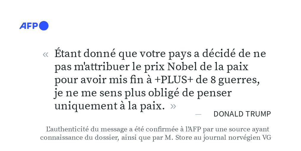 afpfr's tweet image. 🇳🇴 Donald Trump a déclaré au Premier ministre norvégien qu'il n'avait plus besoin de penser "uniquement à la paix" après avoir échoué à remporter le prix Nobel de la paix, dans un message publié lundi.