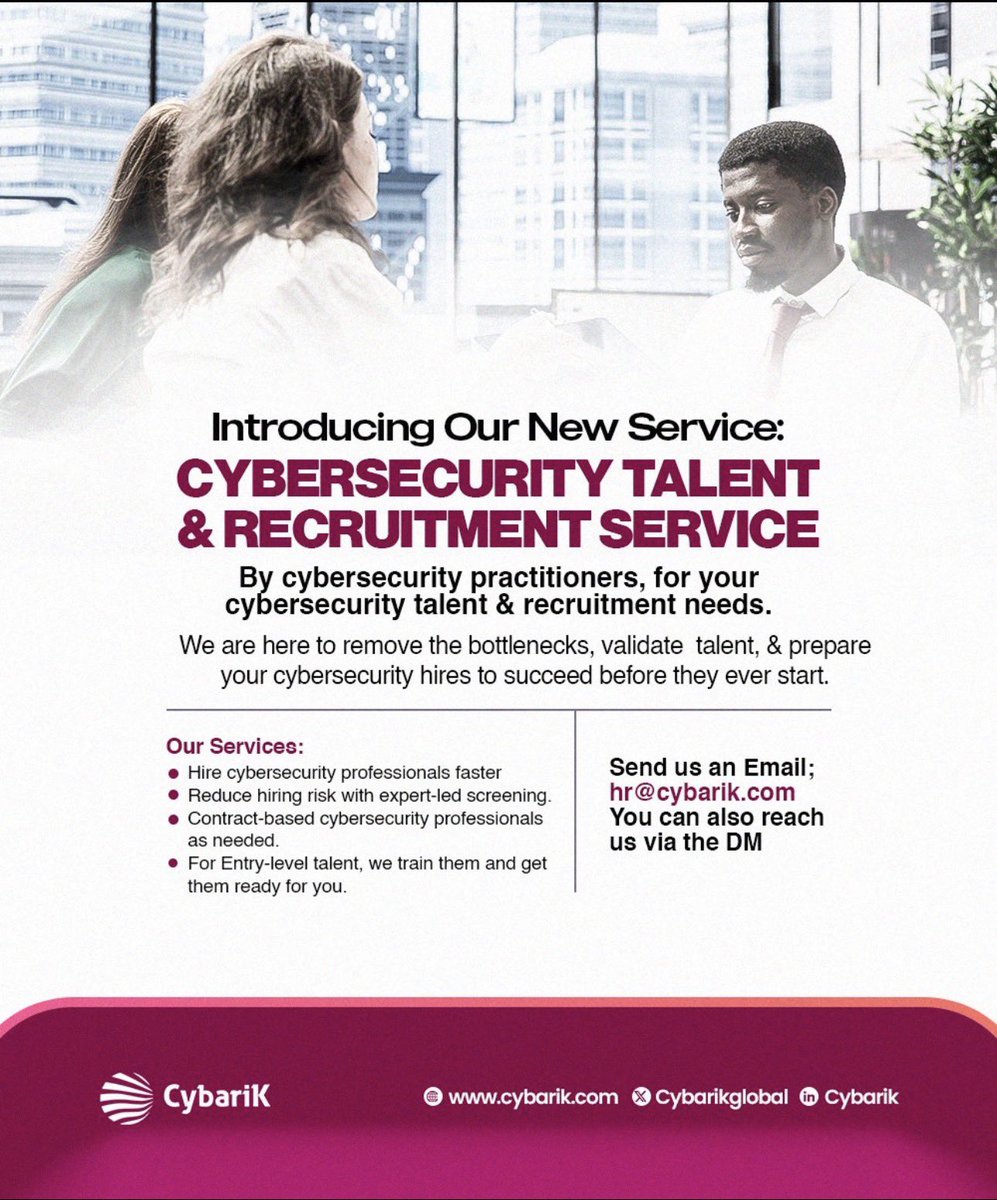 Announcement 🎉🎉🎉🎉🎉🎉🎉🎉

We are launching our Cybersecurity recruitment service. Kindly reach out to us if your organization needs Cybersecurity talent. We will handle the process for them end-to-end ❤️
