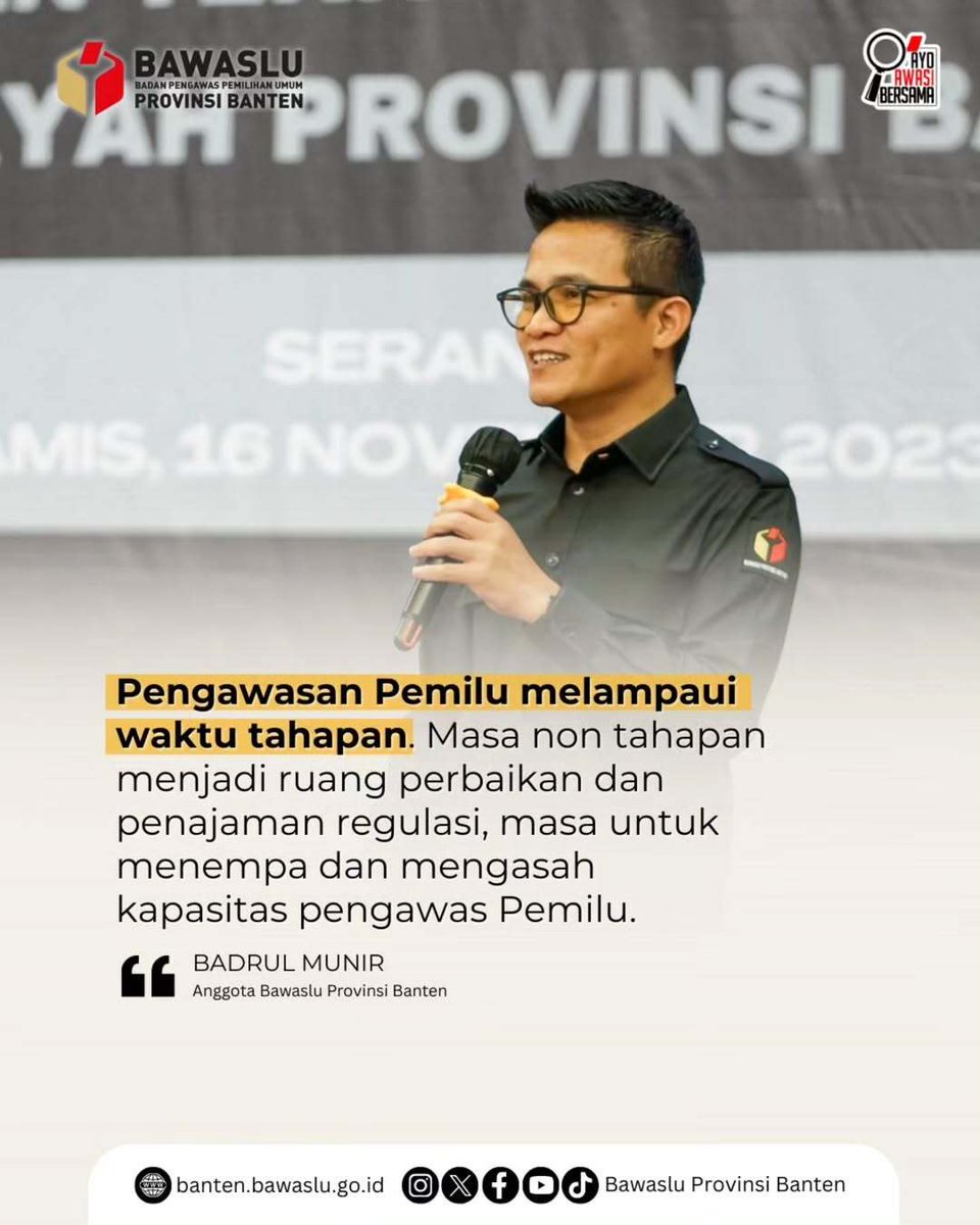 #SahabatBawaslu, Pengawasan Pemilu melampaui waktu tahapan. Di masa non-tahapan, Bawaslu terus melakukan penajaman regulasi dan penguatan kapasitas sebagai bagian dari persiapan pengawasan Pemilu yang lebih baik. #BawasluBanten #AyoAwasiBersama