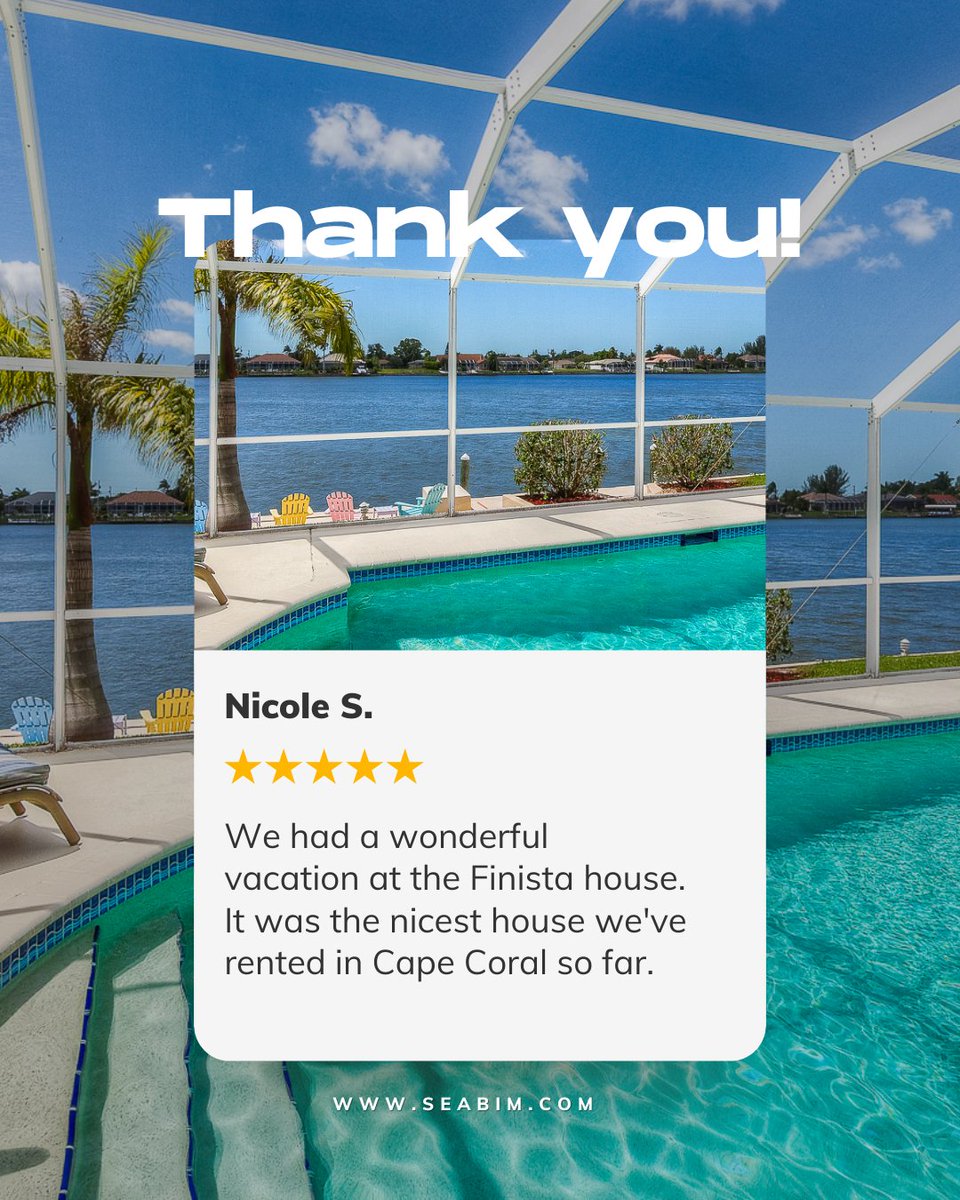 seabim's tweet image. ✨ “We had a wonderful vacation at the Finista House. It was the nicest house we’ve rented in Cape Coral so far.” 

With Gulf access on Lake Finisterre, a heated pool, 3 king bedrooms, and lake-view rooms, it’s easy to see why. 😍

Book now: seabim.com/finista

 #CapeCoral