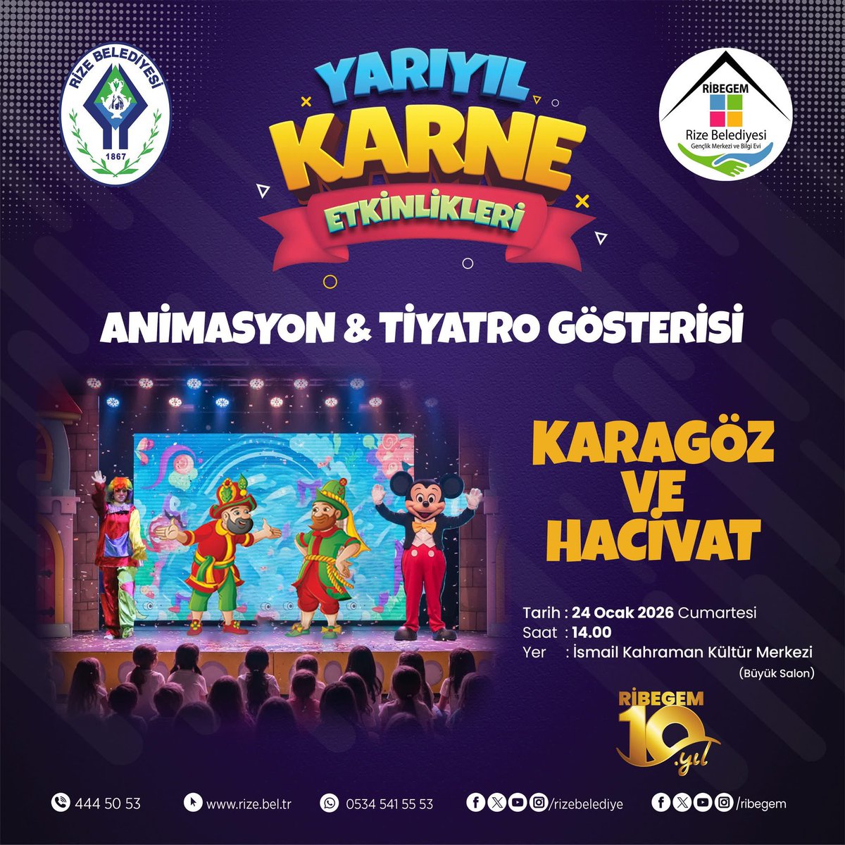 Animasyon &amp; Tiyatro Gösterisi ile çocuklarımız karne sevincini doyasıya yaşayacak.

🎬 Karagöz ve Hacivat sahnede, kahkaha ve eğlence sizleri bekliyor.

👧🧒 Tüm çocuklarımız ve ailelerimiz davetlidir. Ücretsizdir.
