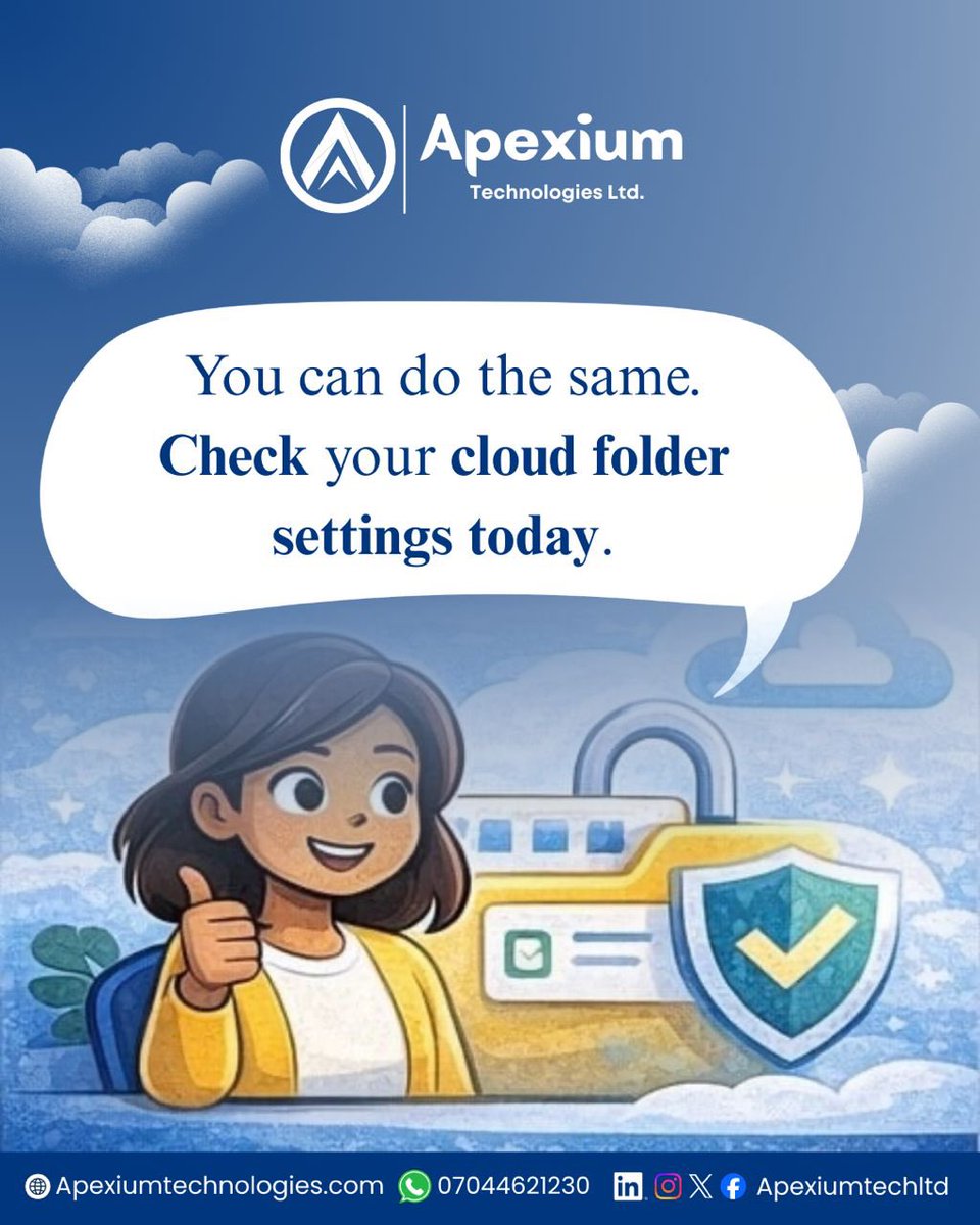 ApexiumTechLtd's tweet photo. ☁️ Aisha shares files daily using cloud storage for work and school.

One wrong permission setting exposed her folders to people who shouldn’t have access.
The fix?
Review your cloud folder permissions regularly.

Aisha did and secured her files. You can too. 
#CloudSecurity https://t.co/5rYVIatDMF