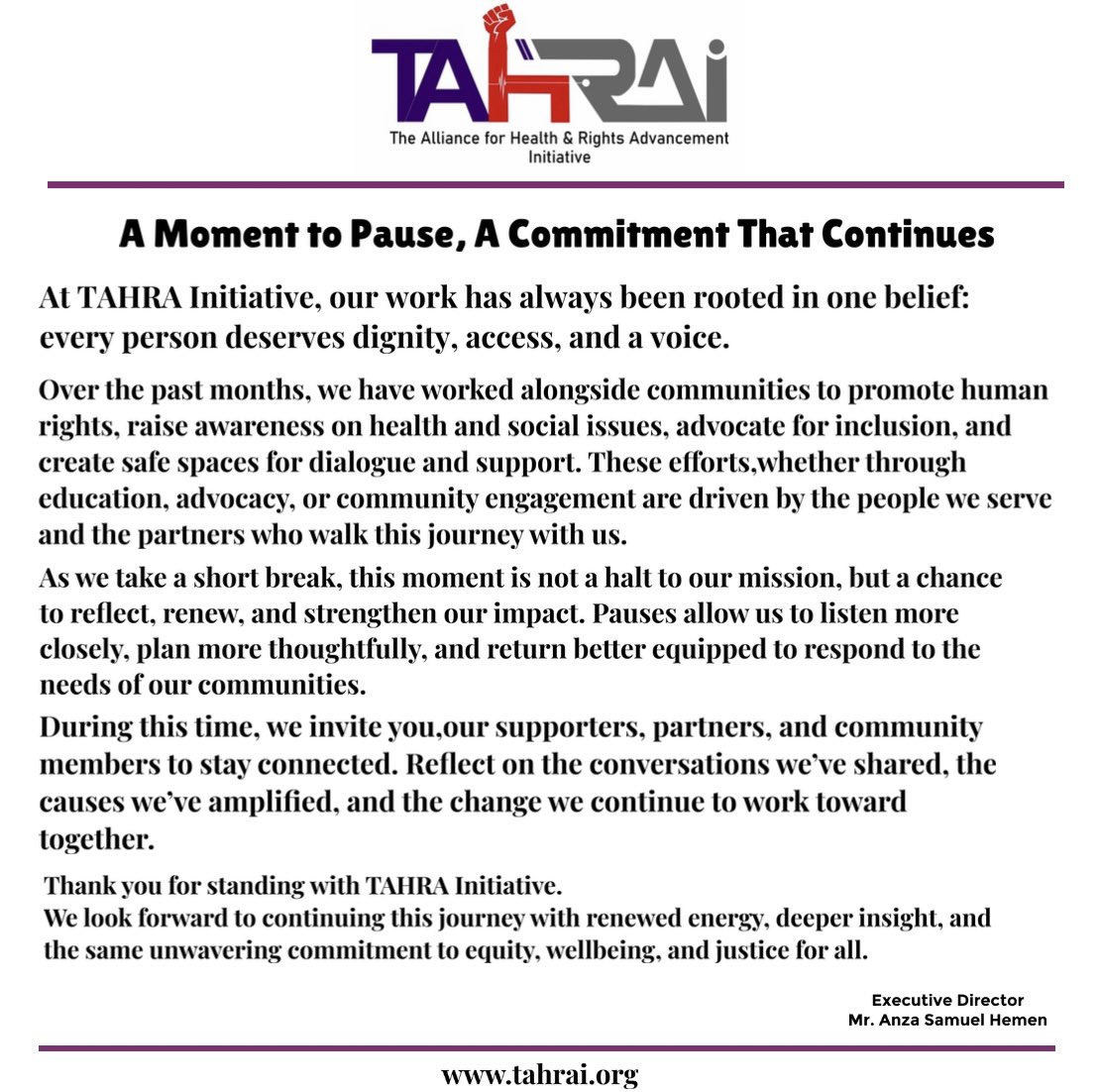 Tahrai_Nigeria's tweet photo. A pause for reflection.
A commitment that continues.
We’re taking a short break to renew our strength but our mission for dignity, wellbeing, and justice remains.
See you soon.
#TAHRAInitiative #ShortPause #StillCommitted #CommunityFirst #ImpactThatLasts https://t.co/FirOzCPLbz
