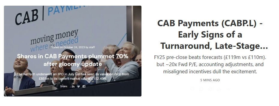 $CABP.L FY25 pre-close beats on revenue (£119m vs £110m), EBITDA only “slightly above” consensus. After adjustments, EPS looks stretched ~20x P/E. Watching, not convinced yet.

Anything I am getting wrong here?
<a href="/FinSkeptic/">Financial Skeptic</a> <a href="/ToffCap/">ToffCap</a> 
<a href="/StephenReadHIT/">Stephen Read</a> 
investmentyogi.substack.com/p/cab-payments…