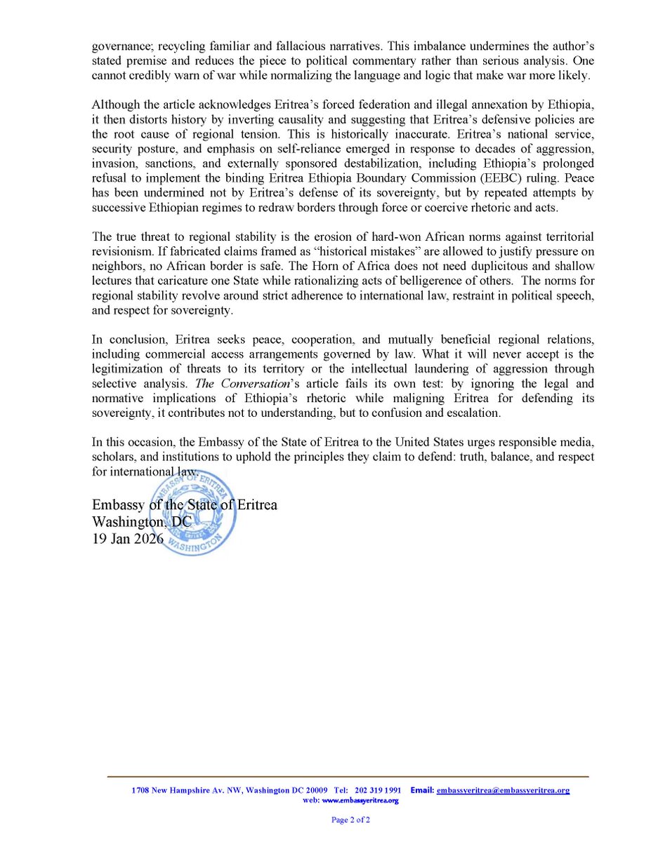 Press Release:

When Academic Analysis Excuses Aggression:
Setting the Record Straight on Eritrea’s #Sovereignty

The Embassy of the State of #Eritrea categorically rejects the misleading, unbalanced, and politically loaded article published by The #Conversation on 15 January