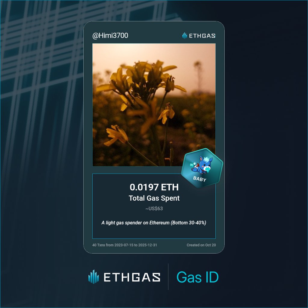 Just unlocked my Gas ID via ETHGas 🪪

I'm a Baby Jack with 0.0197 ETH spent on gas since Beacon Chain - now fueling my climb to the Gasless Future and earned 4 Beans already. 

Reveal yours at ethgas.com/community/gas-…