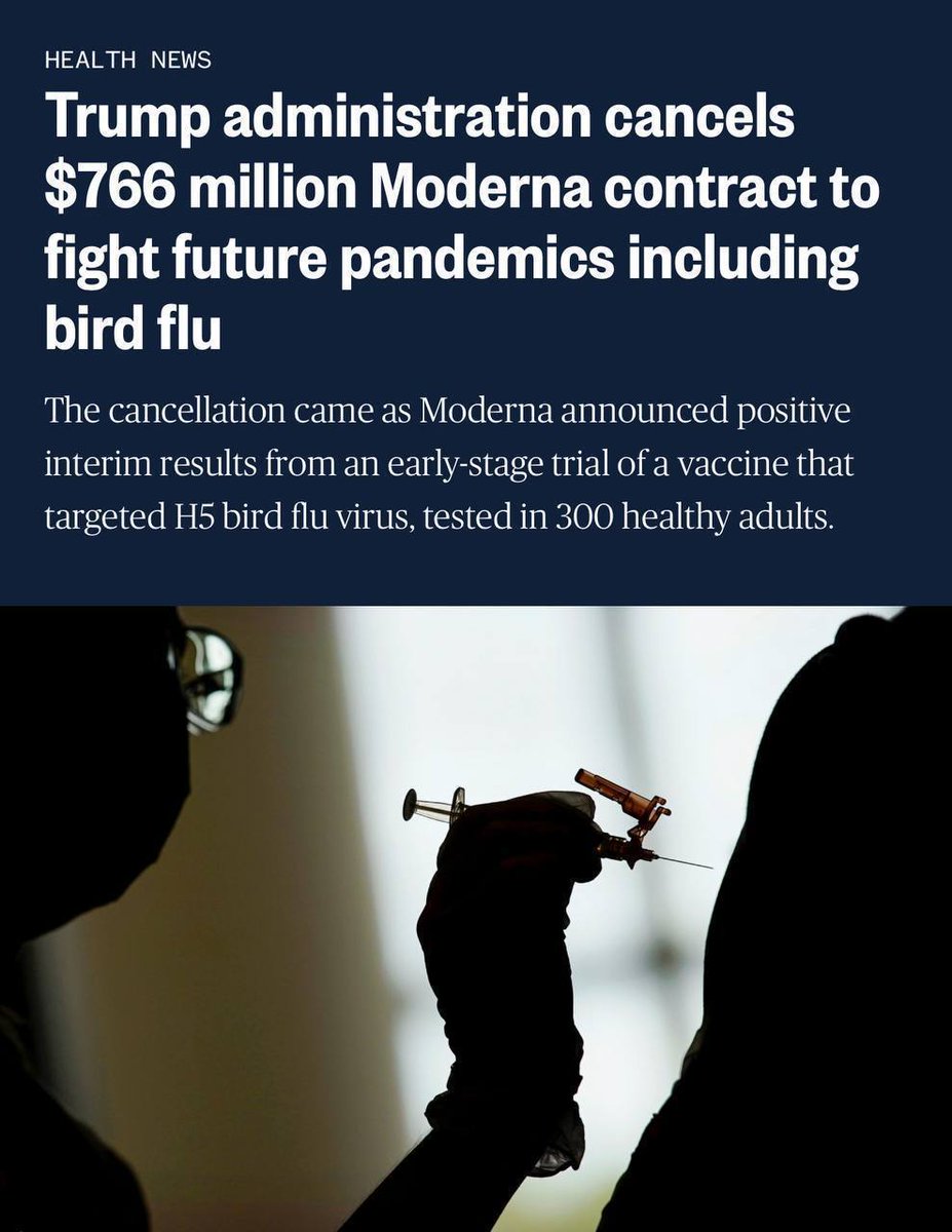 SON DAKİKA: RFK Jr. sekreteri, güvenlik kriterlerini karşılamadığı için Moderna'nın 700 milyon dolarlık mRNA kuş gribi aşısı sözleşmesini resmi olarak 
İPTAL ETTİ.

Bu karar, sağlıklı çocuklar ve hamile kadınlar için COVID aşılarını önermeyi iptal etmesinin hemen sonra