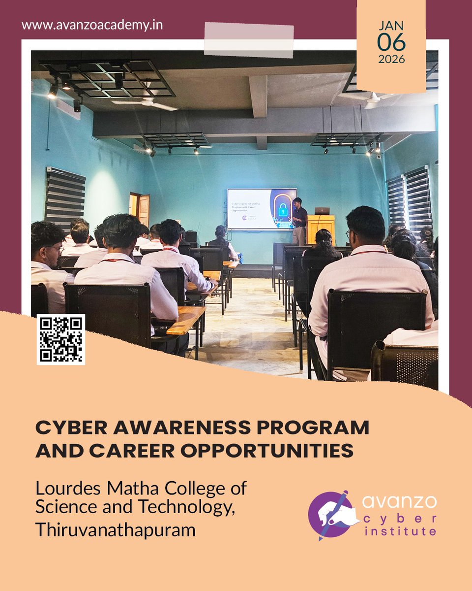 AcademyAva69279's tweet photo. These classrooms are shaping tomorrow’s cyber defenders 🔐

.
.
.

📞 Connect with us: +91 7356111128
✉ Email: info@avanzoacademy.in

#cyberawareness  #GenZLearning #FutureSkills #CyberLife #StudentVibes #TechCareers https://t.co/VrYIVkpXrJ