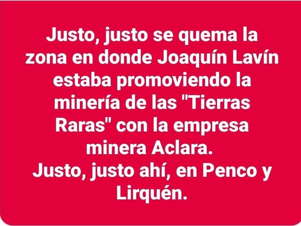 TarquinoPaspala's tweet image. No es casual q el incendio forestal del sur, haya quemado el proyecto parque de árboles nativos para Penco, territorio q ha estado en disputa con la minera ACLARA, q planea instalarse en ese lugar para extraer tierras raras.. 

Con Kast en La Moneda, esa mina nadie la detiene.