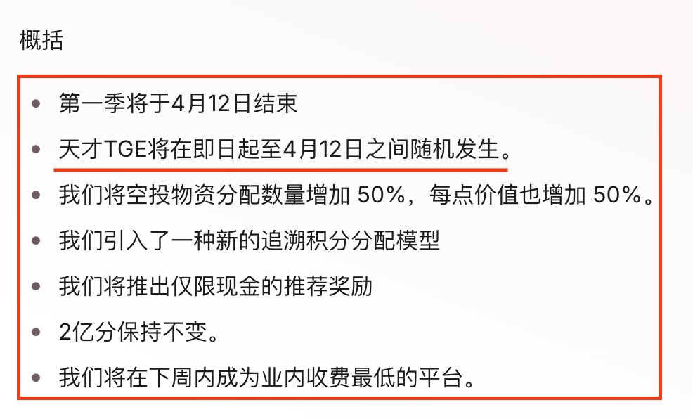 【Genius更新了空投和积分白皮书 -项目跟进】

1️⃣重点内容
⓵第一季结束时间是4月12号，TGE时间可能是4月12号之前的任意一天，就假设4月12号TGE，也算短平快。
⓶第一季积分总共2亿GP，已发放7500万GP，剩余积分1.25亿GP，每周发放1000万GP。
⓷为了公平，第一周邀请获得的GP全部回收。