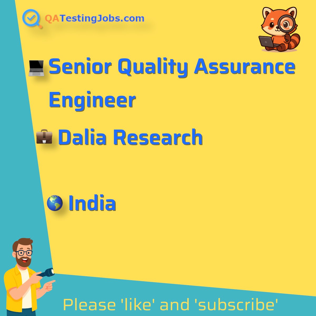 QATestingJobs's tweet photo. Title: Senior Quality Assurance Engineer
Company: Dalia Research
Country: India
City: Jaipur
Employment Type: full-time
Location: onsite
Remote/Onsite: onsite
Visa Support: 
Link: https://t.co/RPpF5fNMLu
#agile #apitesting #automationtesting #behaviordrivendevelopment #cypress #defecttracking #jira #junit #mongodb #multilocation #postman #reviewcompany #scrum #selenium #softwarequalityassurance #testmanagementtools #testng #uitesting #softwaretesting #jobs #qualityassurance #software #testing #tester #testlead #automation #test #engineer #ai #selenium #playwright