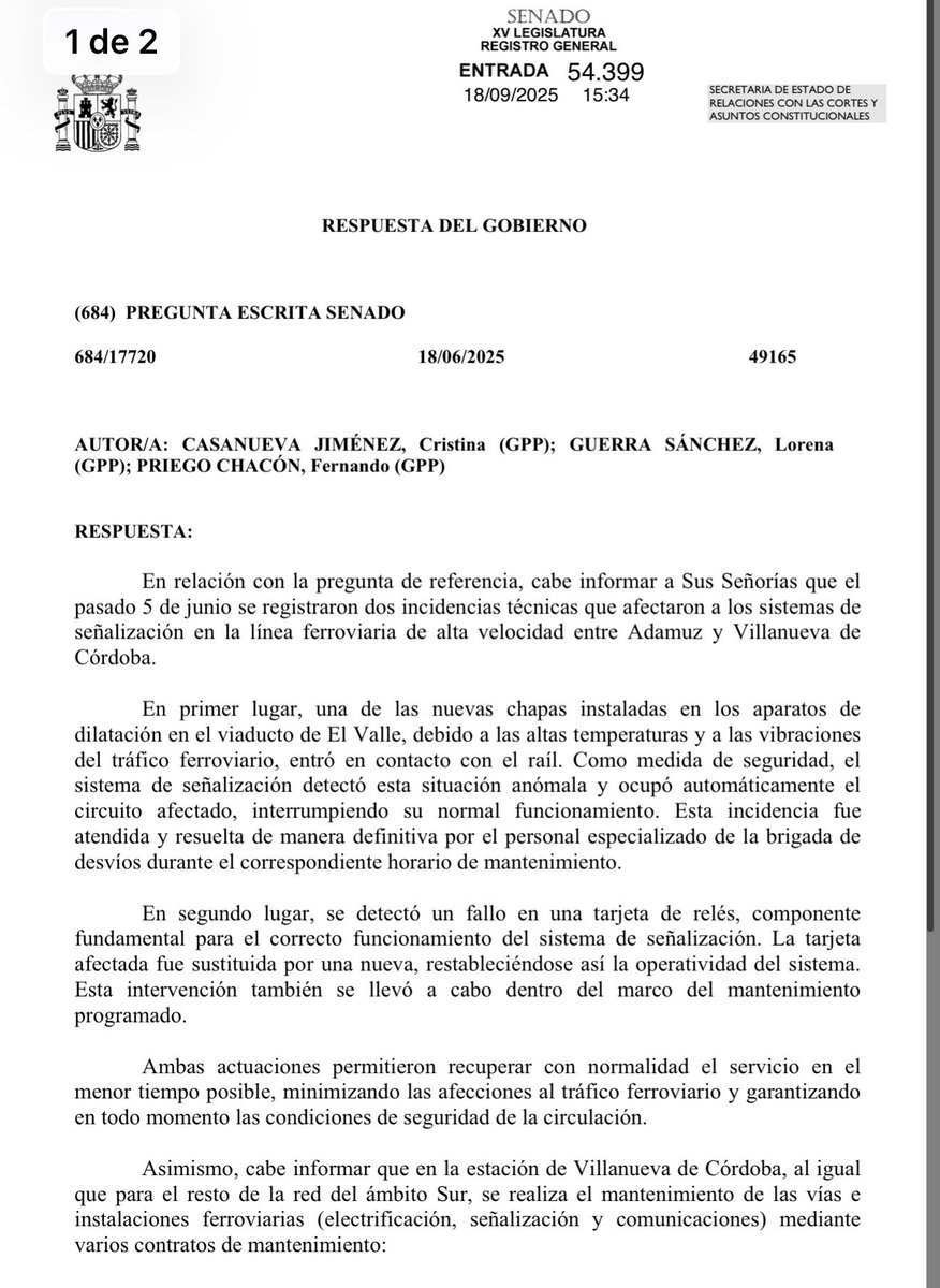 RevistaDeTrenes's tweet photo. Un informe de Junio de 2025 (un mes después de renovar la vía) reconoce fallos y averías en la LAV del Corredor Sur justo en Adamuz. Estos fallos afectan a los sistemas eléctricos y señalización de los desvíos donde se han chocado el Alvia y el Iryo. https://t.co/VbKbCiWyKT