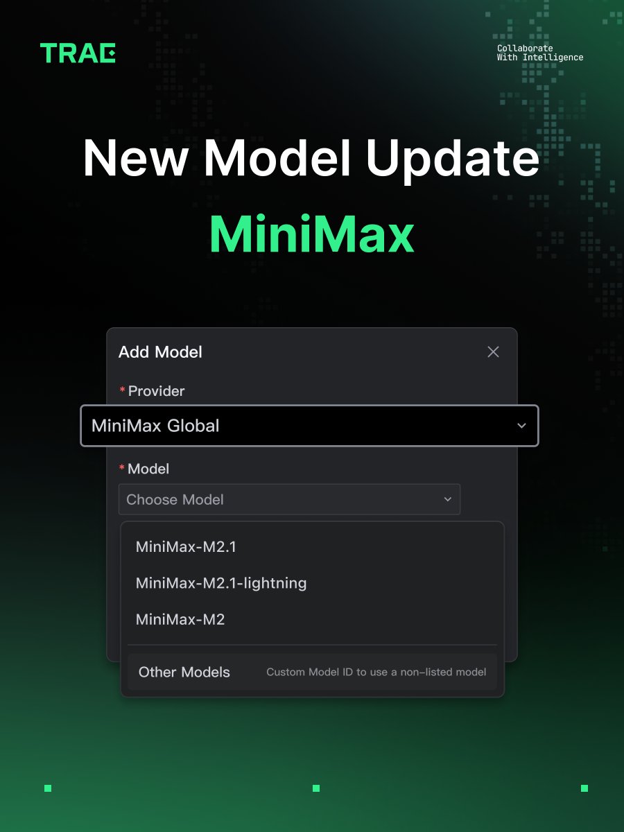 New Model Update: @Minimax_AI ⚡️ Minimax M2.1 ⚡️ Minimax M2.1-lightning  Minimax models are available now as custom models in TRAE.