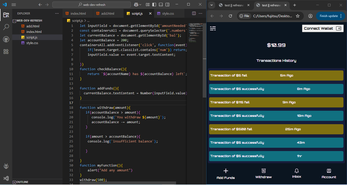 TheCryptoBolt's tweet photo. Refreshing my JavaScript fundamentals before diving fully into Web3, 

Building simple wallet logic and UI.
Strong basics first.

#SelfTaughtDeveloper
#100DaysOfCode
#WebDevCommunity
#TechJourney
#DevGrowth
#CodeEveryday
#Web3
#FutureWeb3
#BlockchainDev
#Web3Journey
#CryptoDev https://t.co/PN9aokPb93