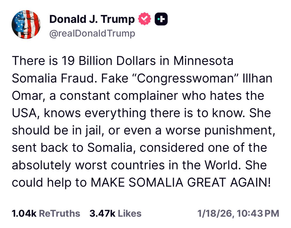 bennyjohnson's tweet image. President Trump says jail isn’t enough for Ilhan Omar. 

He calls for an “even worse punishment” — sending her back to Somalia. 

This should happen immediately, as in today.
