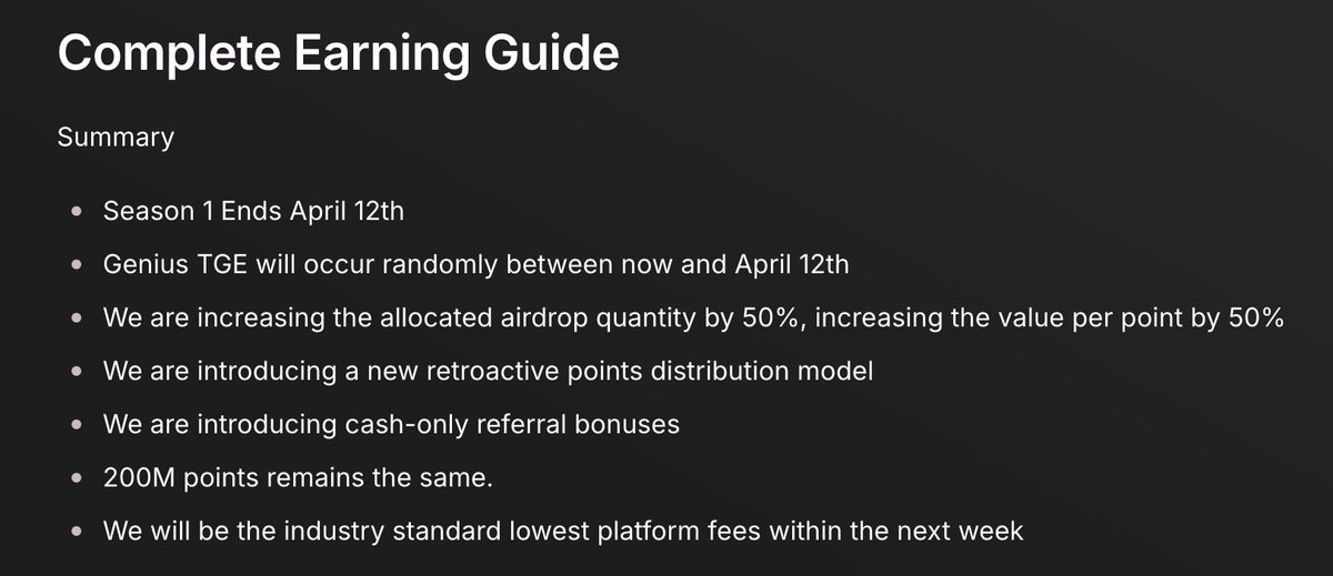 SourabhStephen's tweet photo. ALPHA : @GeniusTerminal just updated there airdrop terms.

Raised : $6M
Backed by YZi Labs

1. Season 1 runs until April 12
2. TGE before April 12
3. Airdrop allocation increased by 50%, means points value increased by 50%
4. Points will be given retro-actively only by spot vol.
5. There will be only 200M point while 10M will be given each week until april 12.
6. No GP point for referring , you can earn 35% of trading fee paid by your referrals. 

➡️ Go to : https://t.co/gRlTyqNg5e
- Sign up with sol/evm wallet
- Setup your profile
- Deposit $SOL / $USDC

➡️ Go to : https://t.co/nj47gla6OL
- Make trade and build vol
- 0.3% trading fee will be charged on every transaction.

Note : Within 3 days of launch they accumulated $3B in volume. Pretty crazy!!

Participate if you are willing to burn some $$.